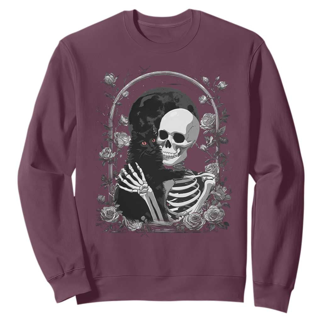 Funny Full Moon Horror Art Sweatshirt Skeleton Hug Maine Coon Cat TS12 Maroon Print Your Wear