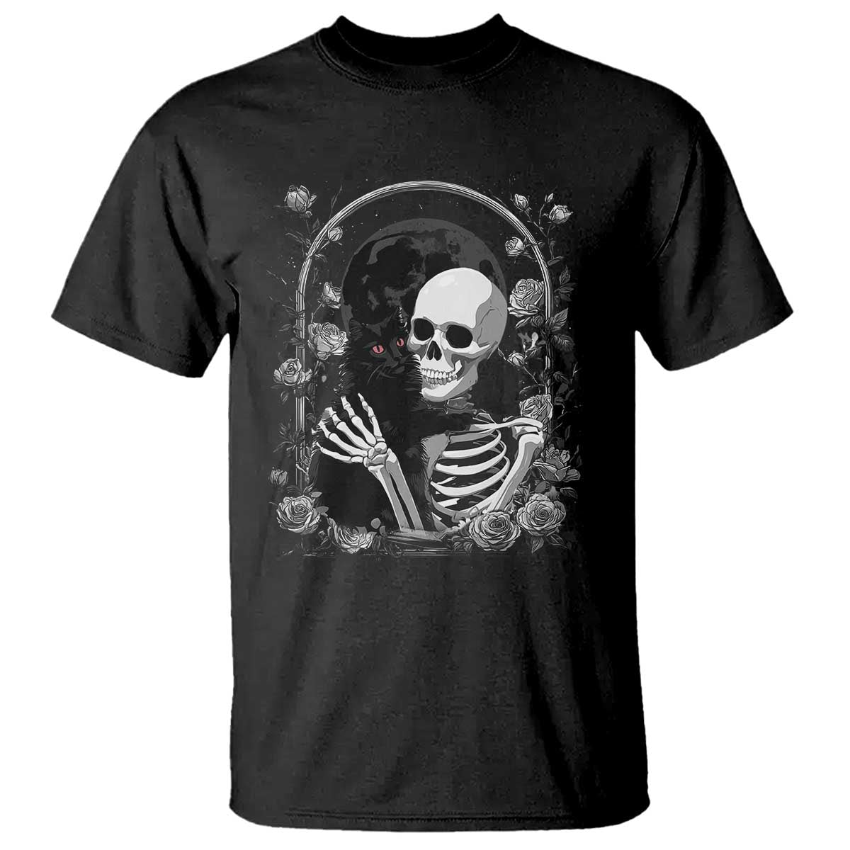 Funny Full Moon Horror Art T Shirt Skeleton Hug Maine Coon Cat TS12 Black Print Your Wear