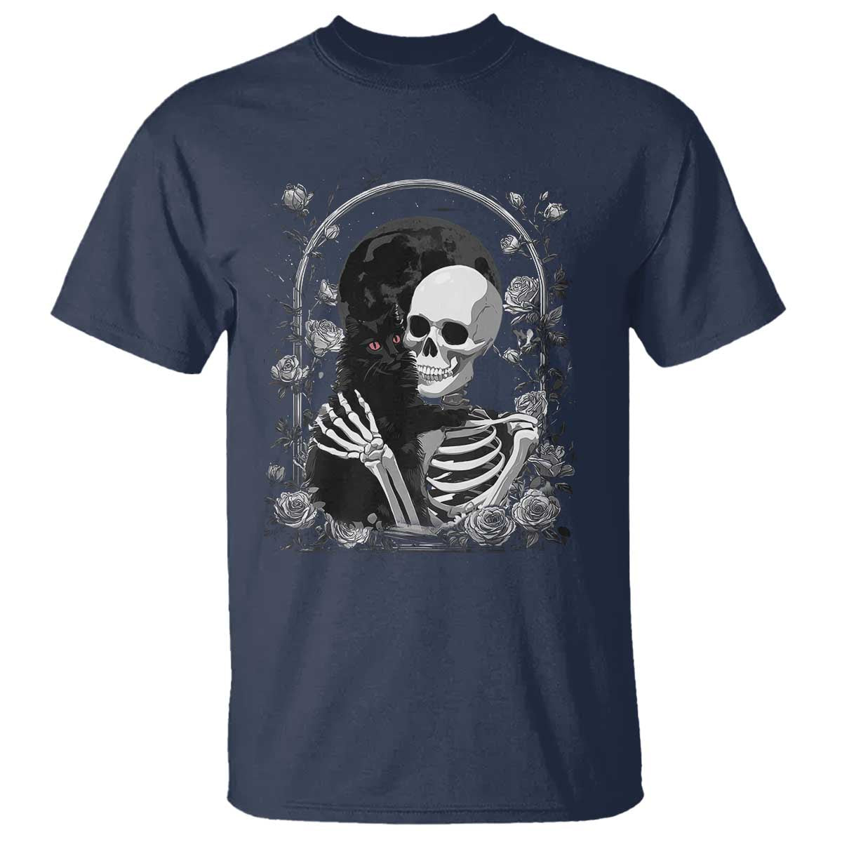 Funny Full Moon Horror Art T Shirt Skeleton Hug Maine Coon Cat TS12 Navy Print Your Wear