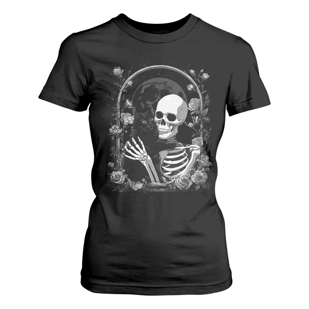 Funny Full Moon Horror Art T Shirt For Women Skeleton Hug Maine Coon Cat TS12 Black Print Your Wear