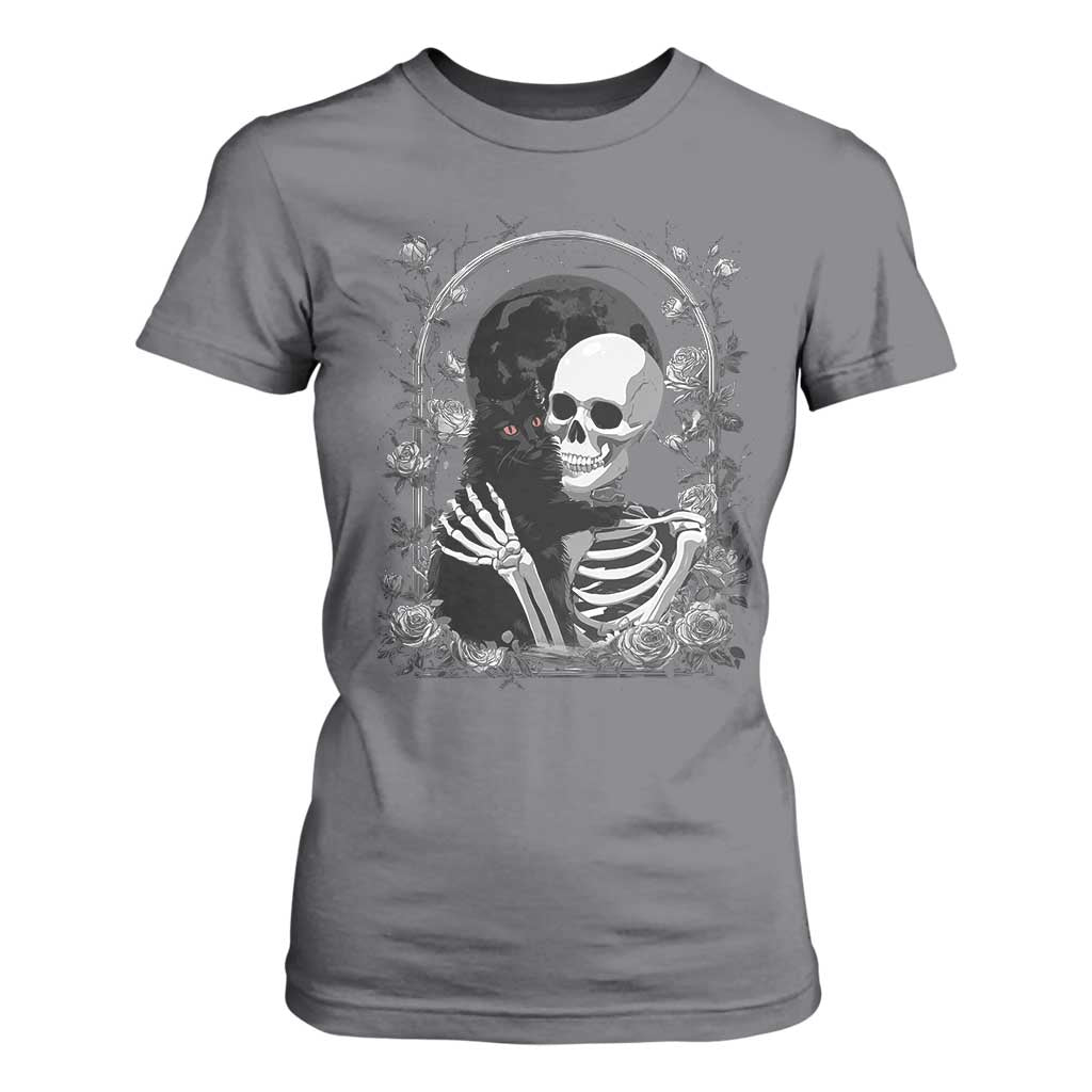 Funny Full Moon Horror Art T Shirt For Women Skeleton Hug Maine Coon Cat TS12 Charcoal Print Your Wear