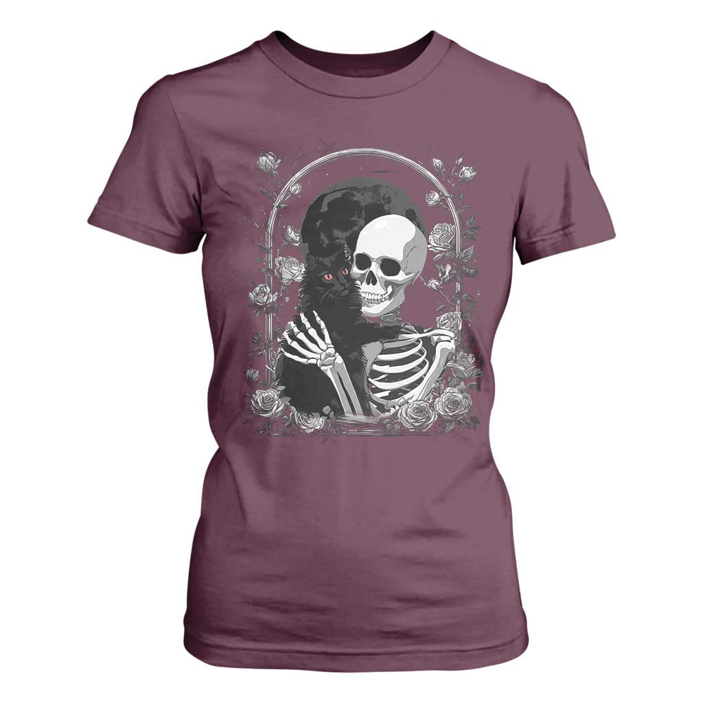Funny Full Moon Horror Art T Shirt For Women Skeleton Hug Maine Coon Cat TS12 Maroon Print Your Wear