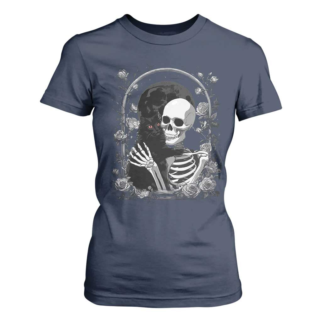 Funny Full Moon Horror Art T Shirt For Women Skeleton Hug Maine Coon Cat TS12 Navy Print Your Wear