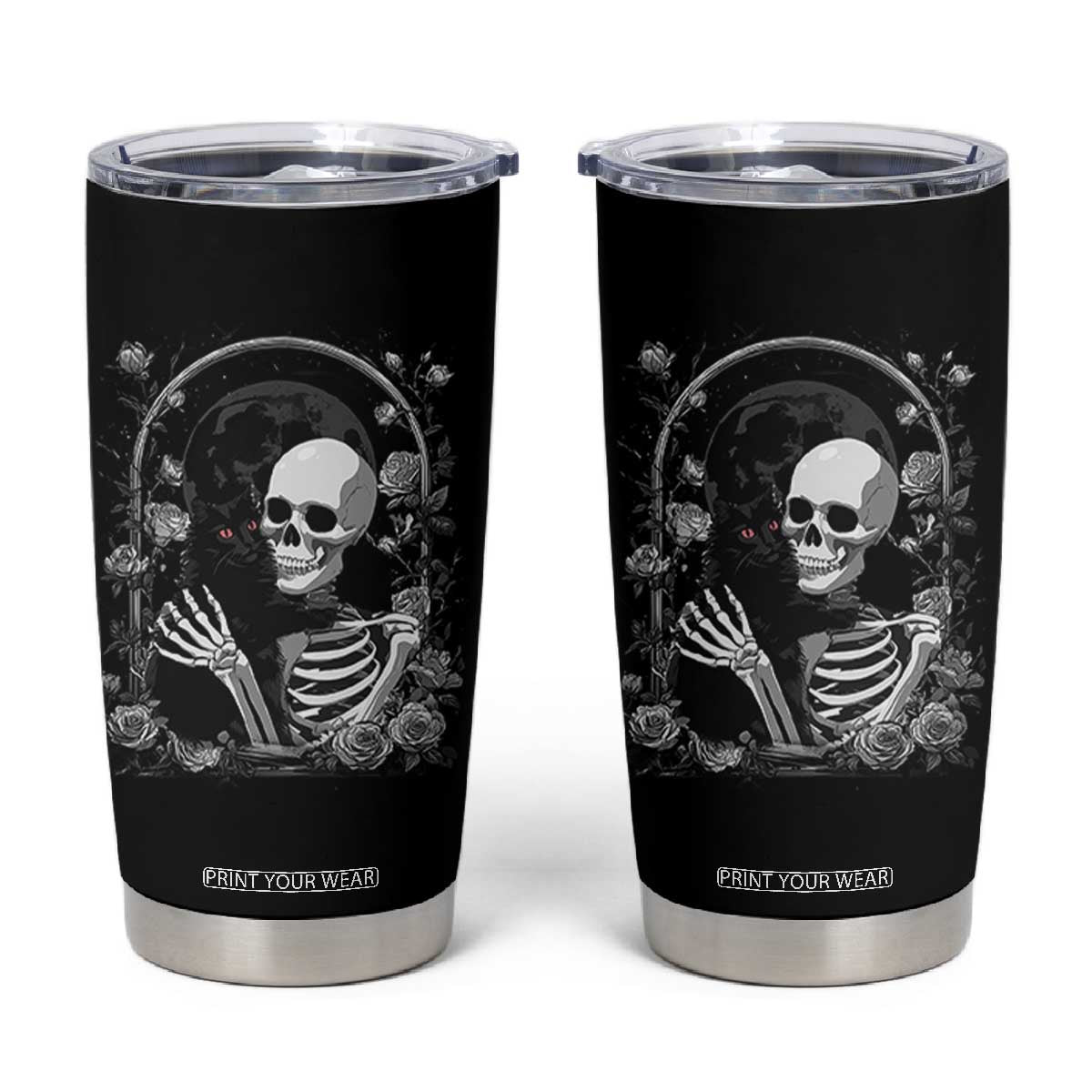 Funny Full Moon Horror Art Tumbler Cup Skeleton Hug Maine Coon Cat TS12 Black Print Your Wear