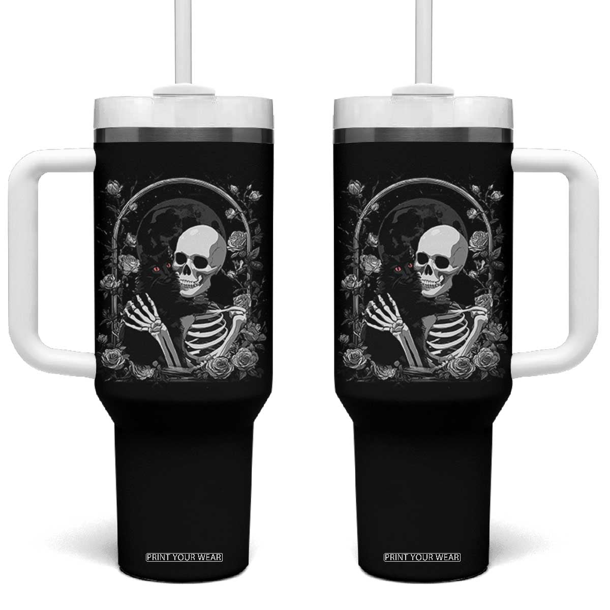 Funny Full Moon Horror Art Tumbler With Handle Skeleton Hug Maine Coon Cat TS12 One Size: 40 oz Black Print Your Wear