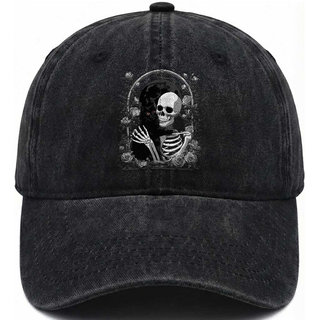 Funny Full Moon Horror Art Washed Cotton Baseball Cap Skeleton Hug Maine Coon Cat TS12 Print Your Wear