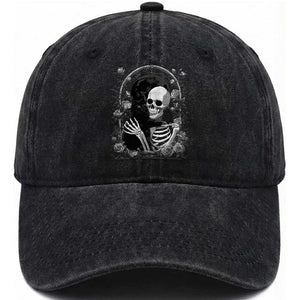 Funny Full Moon Horror Art Washed Cotton Baseball Cap Skeleton Hug Maine Coon Cat TS12 Print Your Wear
