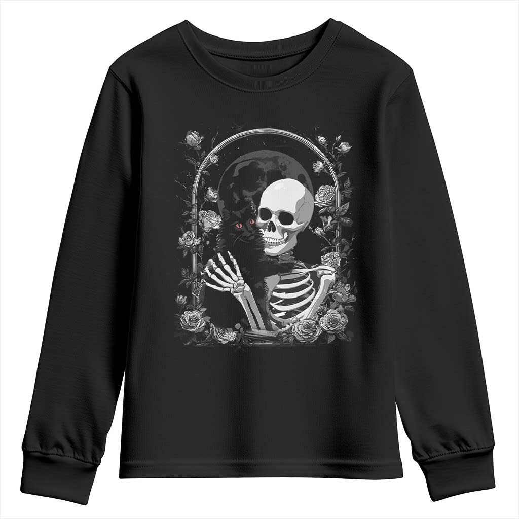 Funny Full Moon Horror Art Youth Sweatshirt Skeleton Hug Maine Coon Cat TS12 Black Print Your Wear