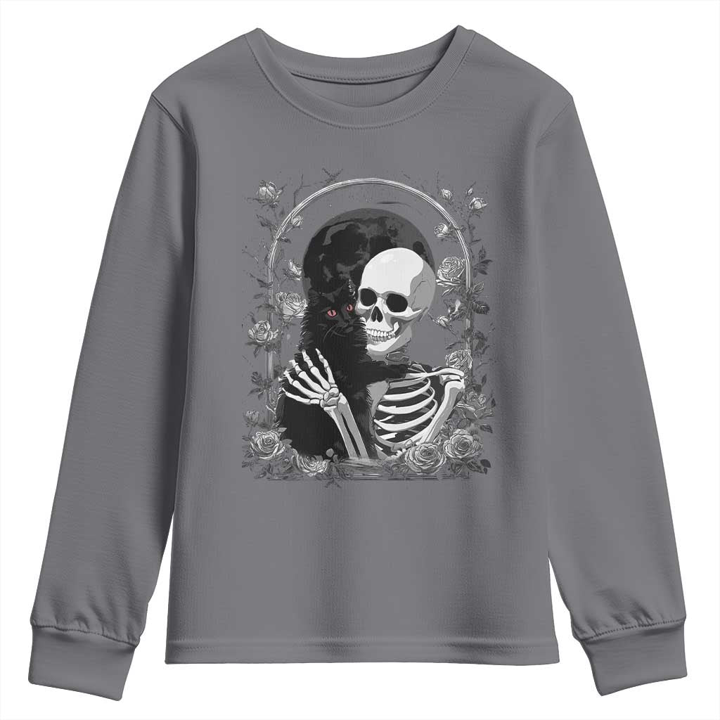 Funny Full Moon Horror Art Youth Sweatshirt Skeleton Hug Maine Coon Cat TS12 Charcoal Print Your Wear