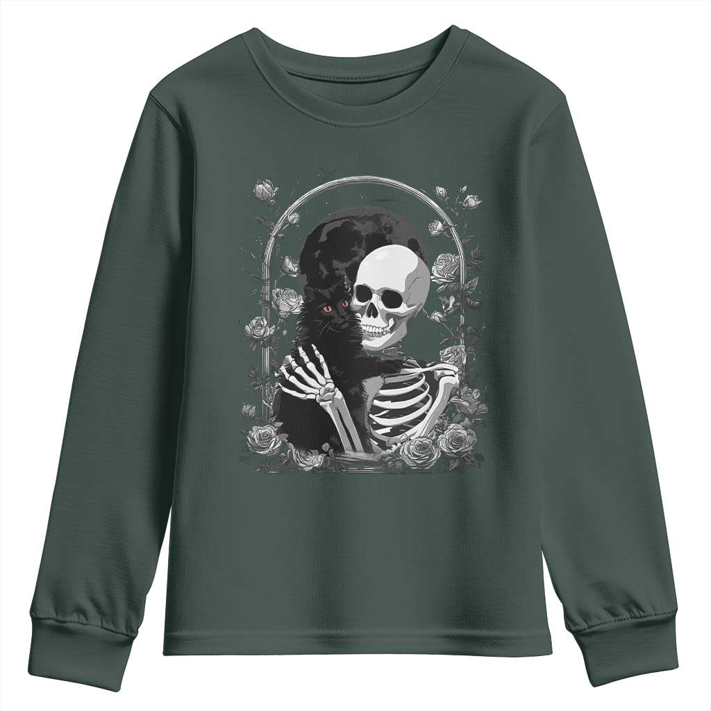 Funny Full Moon Horror Art Youth Sweatshirt Skeleton Hug Maine Coon Cat TS12 Dark Forest Green Print Your Wear