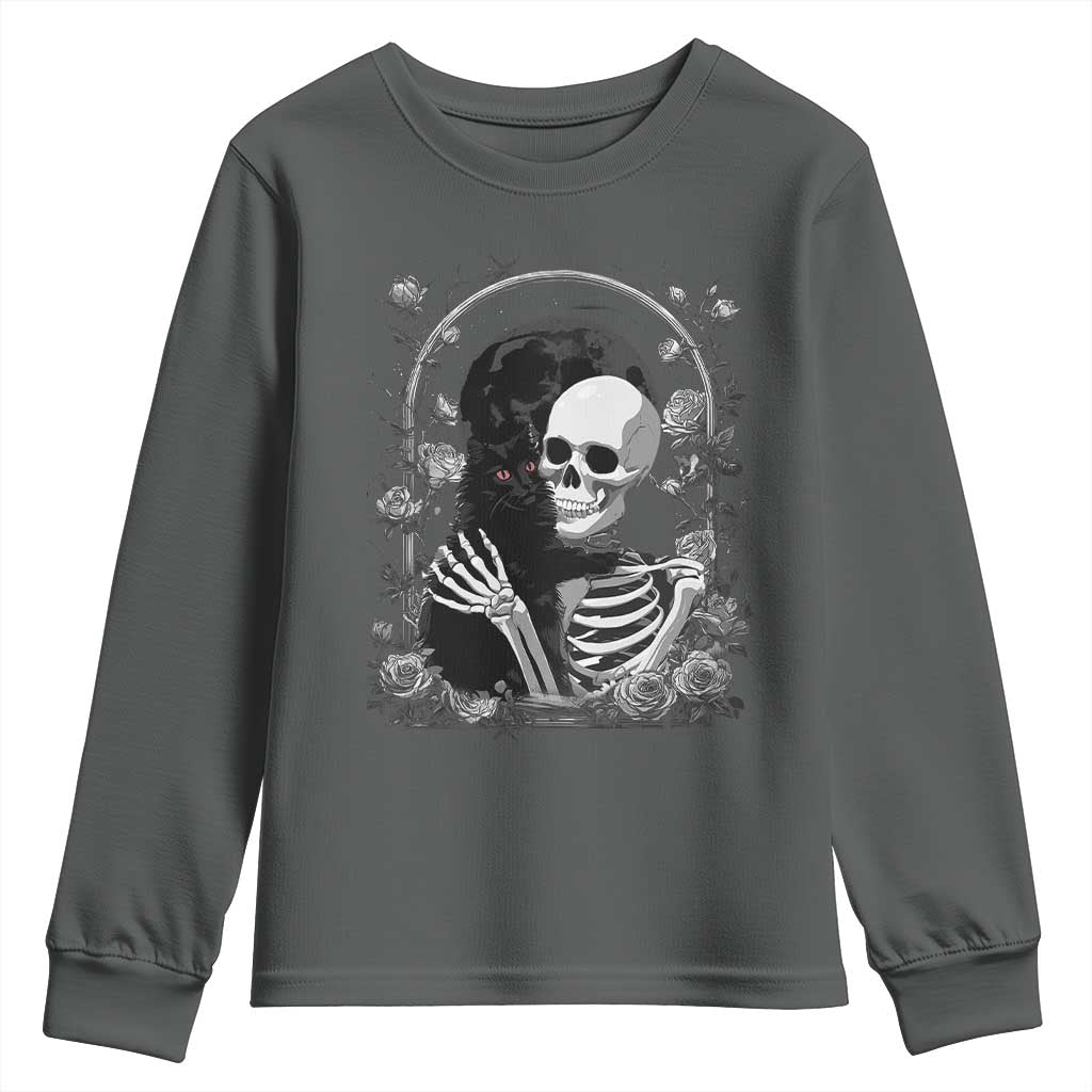 Funny Full Moon Horror Art Youth Sweatshirt Skeleton Hug Maine Coon Cat TS12 Dark Heather Print Your Wear