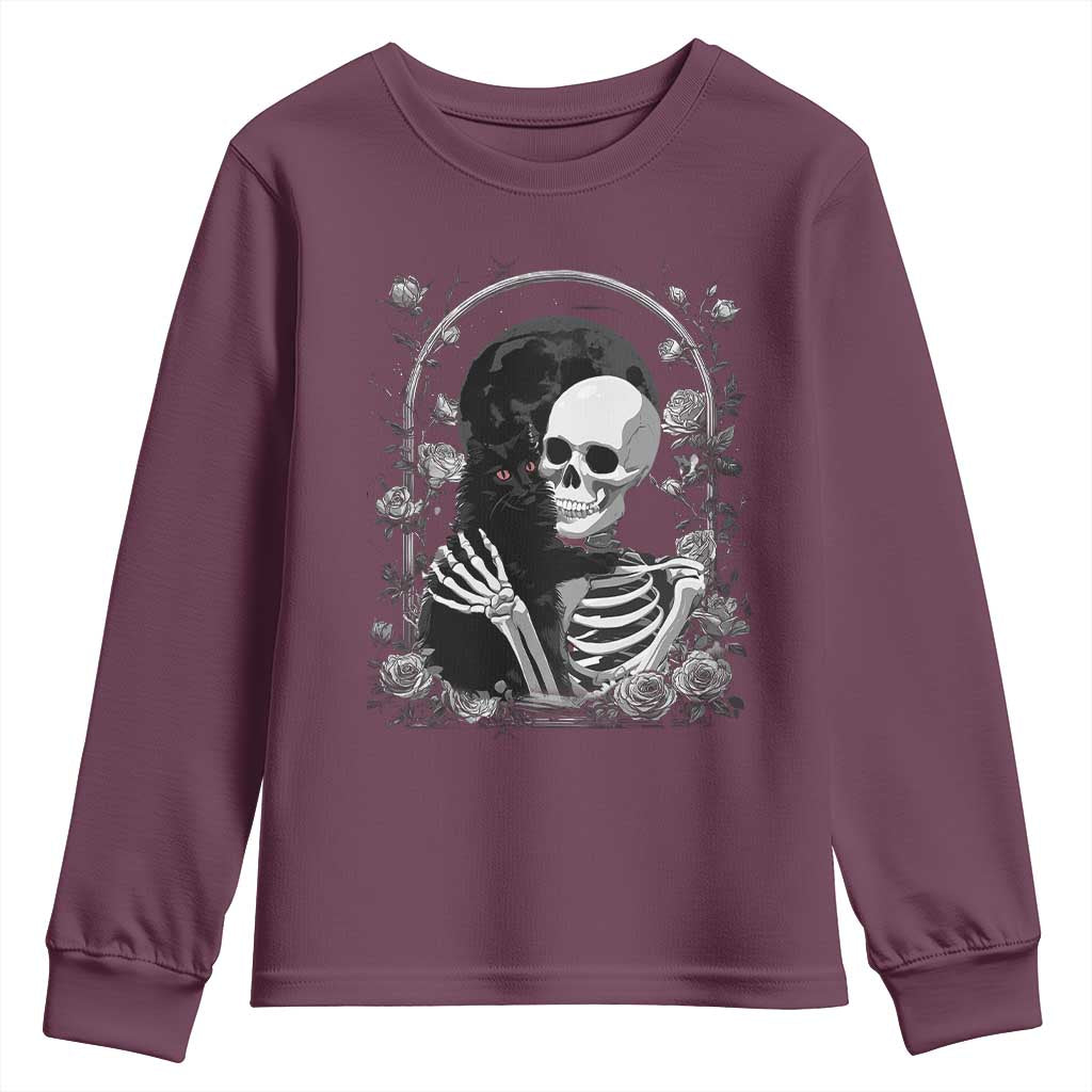 Funny Full Moon Horror Art Youth Sweatshirt Skeleton Hug Maine Coon Cat TS12 Maroon Print Your Wear