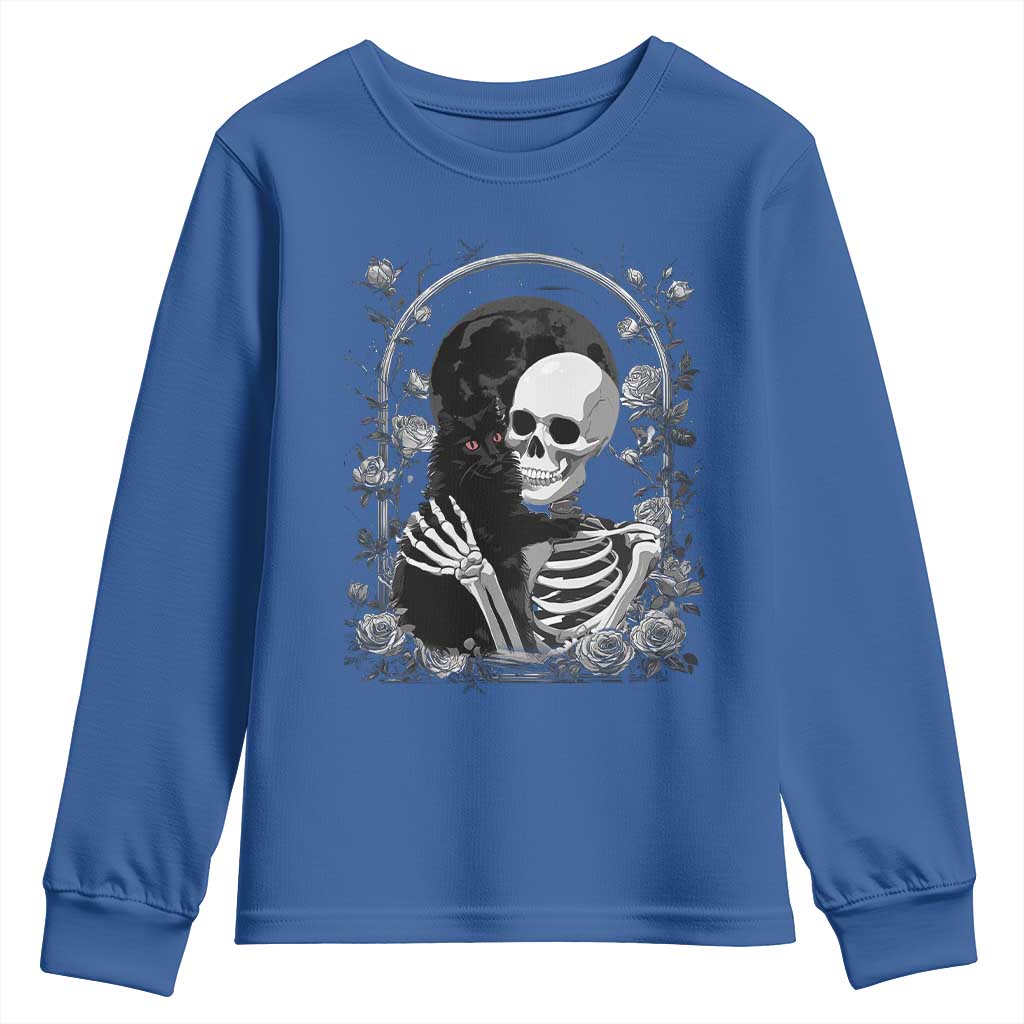 Funny Full Moon Horror Art Youth Sweatshirt Skeleton Hug Maine Coon Cat TS12 Royal Blue Print Your Wear