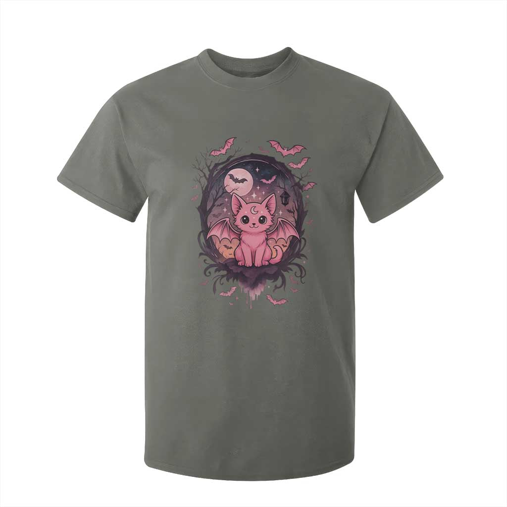 Cute Pastel Goth Bat Cat T Shirt For Kid Funny Gothic Halloween Art TS12 Military Green Print Your Wear