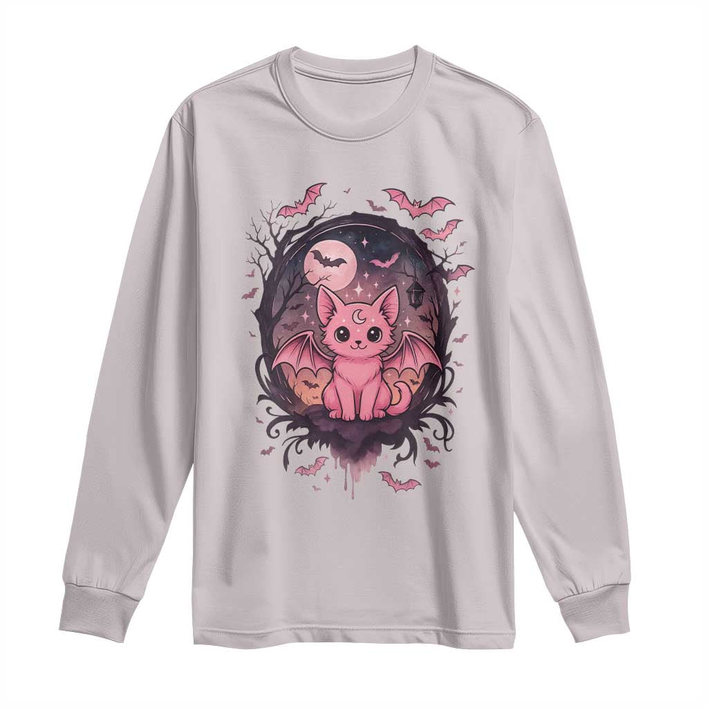 Cute Pastel Goth Bat Cat Long Sleeve Shirt Funny Gothic Halloween Art TS12 Ice Gray Print Your Wear