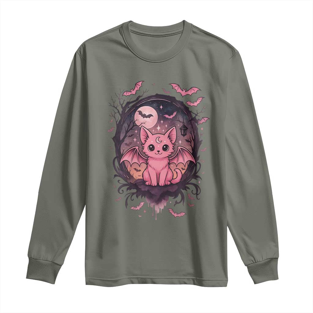 Cute Pastel Goth Bat Cat Long Sleeve Shirt Funny Gothic Halloween Art TS12 Military Green Print Your Wear