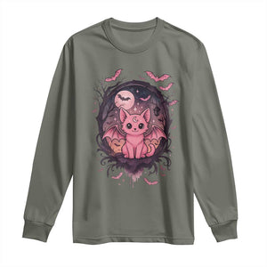 Cute Pastel Goth Bat Cat Long Sleeve Shirt Funny Gothic Halloween Art TS12 Military Green Print Your Wear