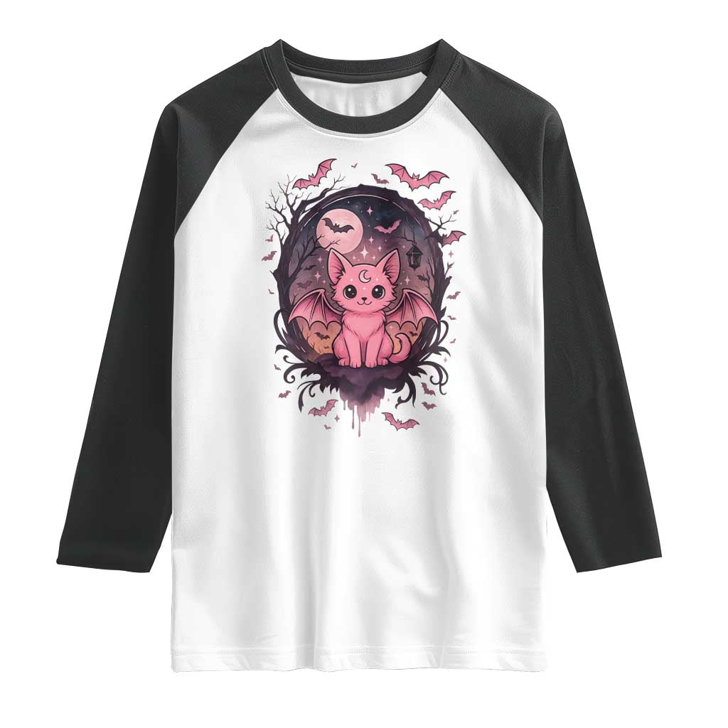 Cute Pastel Goth Bat Cat Raglan Shirt Funny Gothic Halloween Art TS12 White Black Print Your Wear