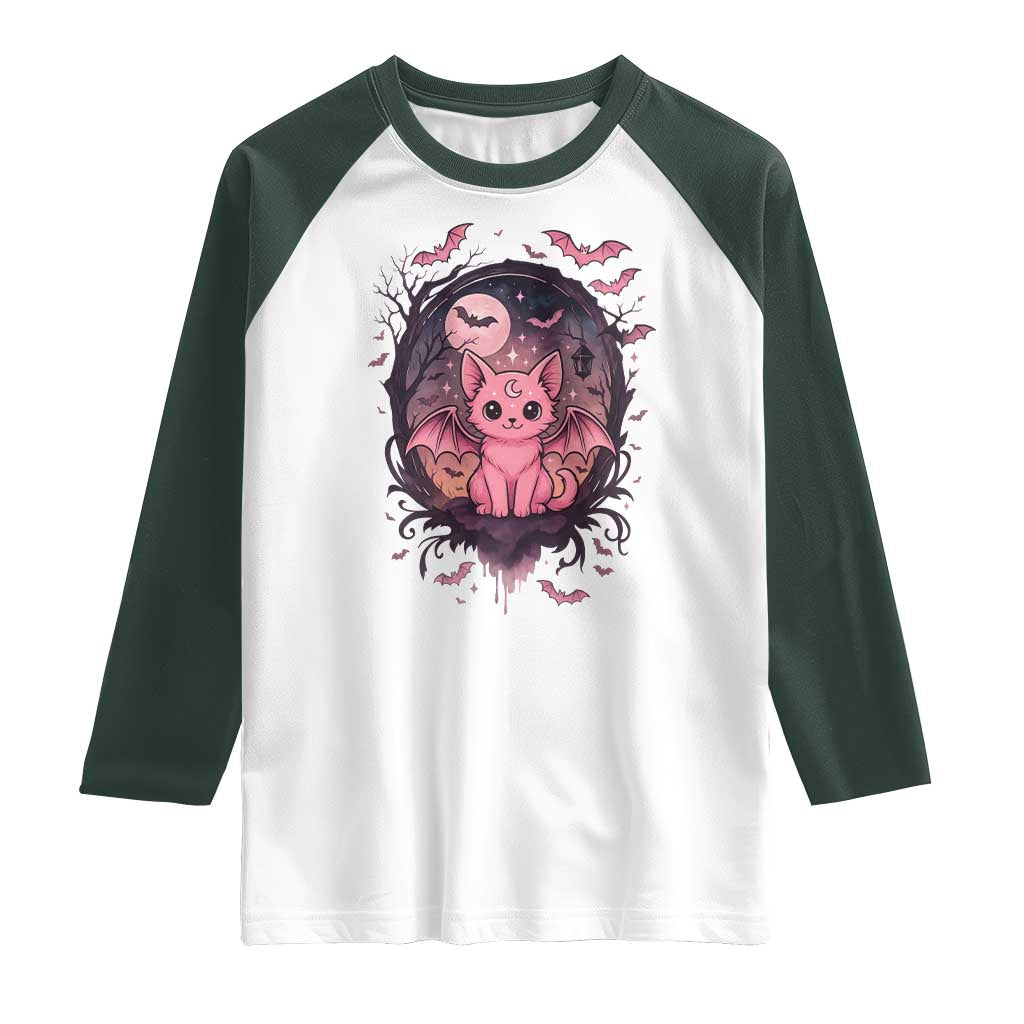 Cute Pastel Goth Bat Cat Raglan Shirt Funny Gothic Halloween Art TS12 White Dark Forest Green Print Your Wear