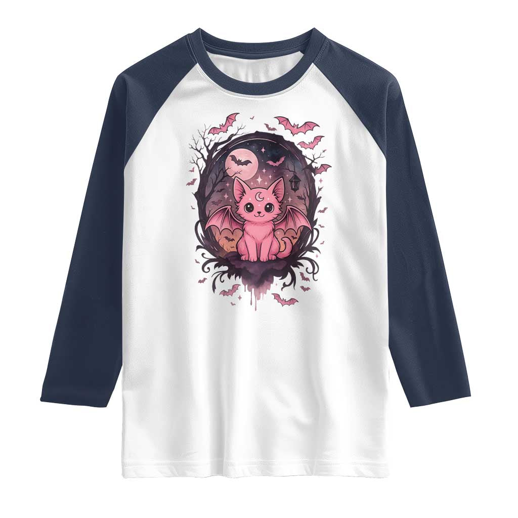Cute Pastel Goth Bat Cat Raglan Shirt Funny Gothic Halloween Art TS12 White Navy Print Your Wear
