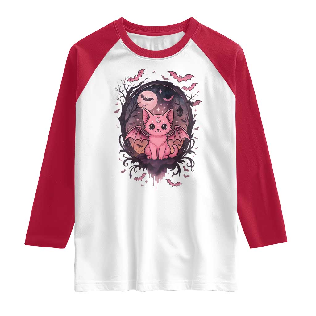Cute Pastel Goth Bat Cat Raglan Shirt Funny Gothic Halloween Art TS12 White Red Print Your Wear