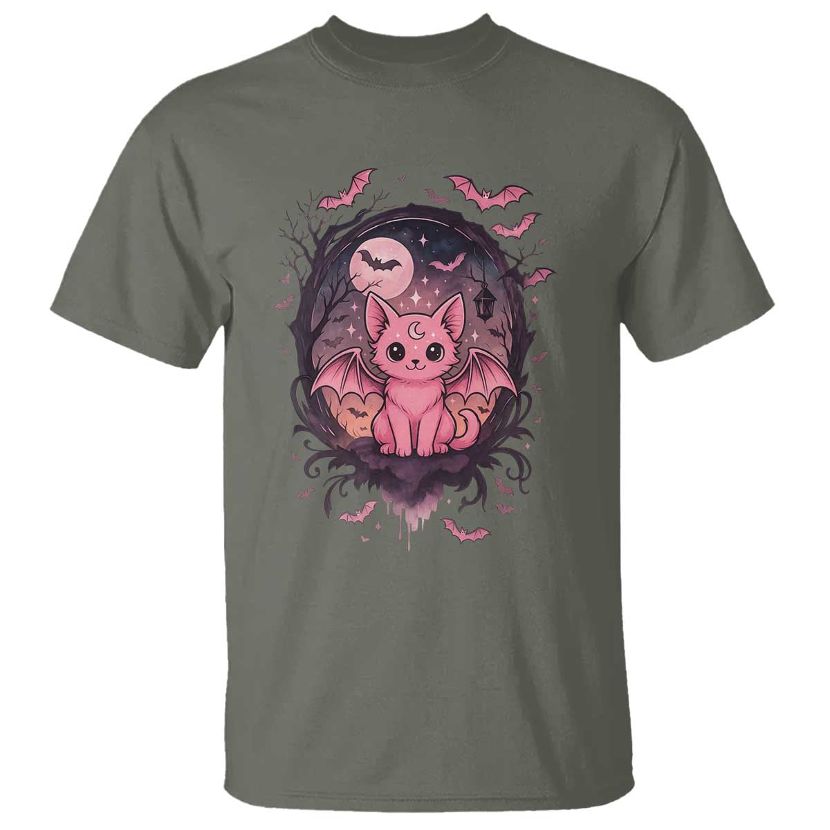 Cute Pastel Goth Bat Cat T Shirt Funny Gothic Halloween Art TS12 Military Green Print Your Wear