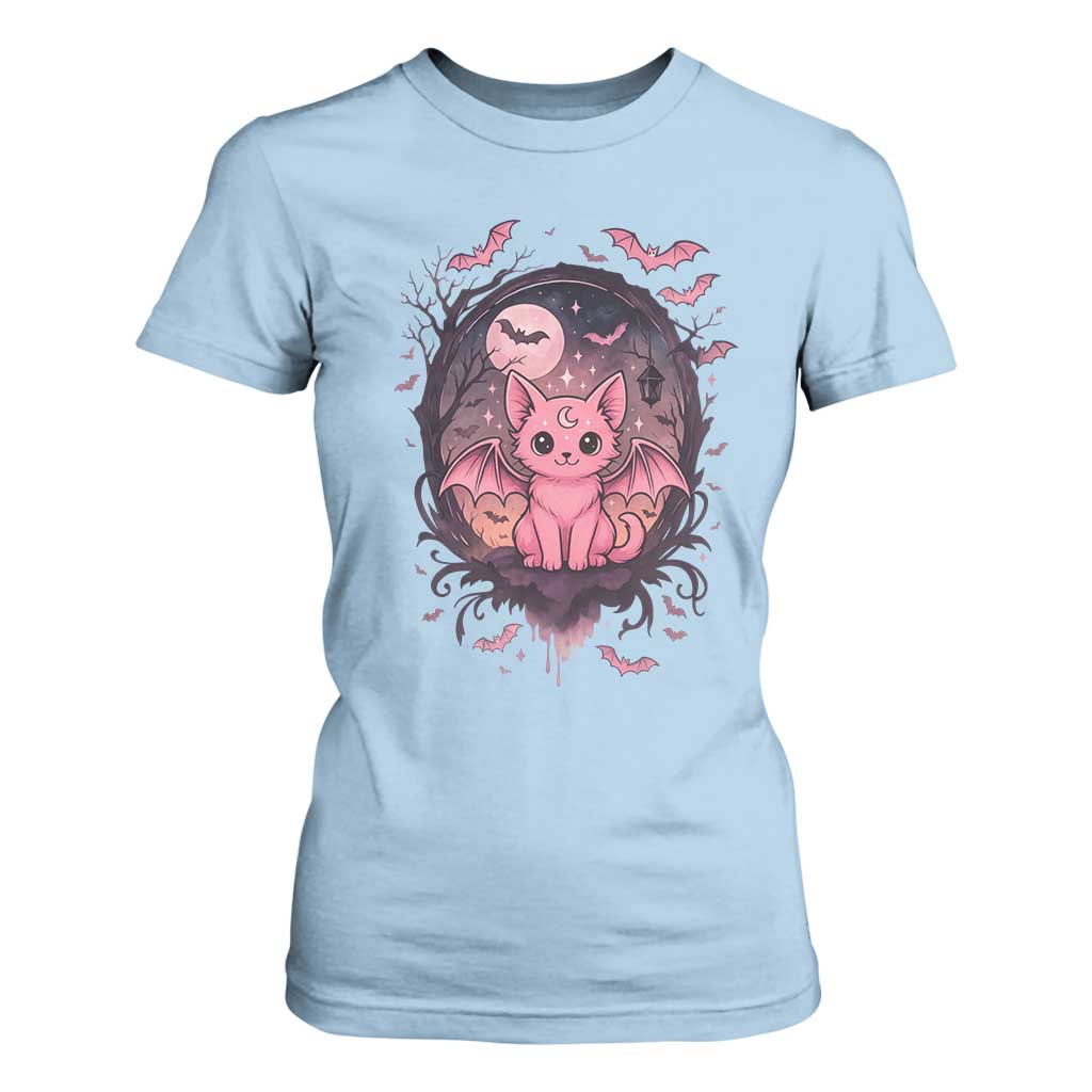 Cute Pastel Goth Bat Cat T Shirt For Women Funny Gothic Halloween Art TS12 Light Blue Print Your Wear