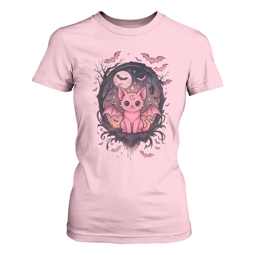 Cute Pastel Goth Bat Cat T Shirt For Women Funny Gothic Halloween Art TS12 Light Pink Print Your Wear