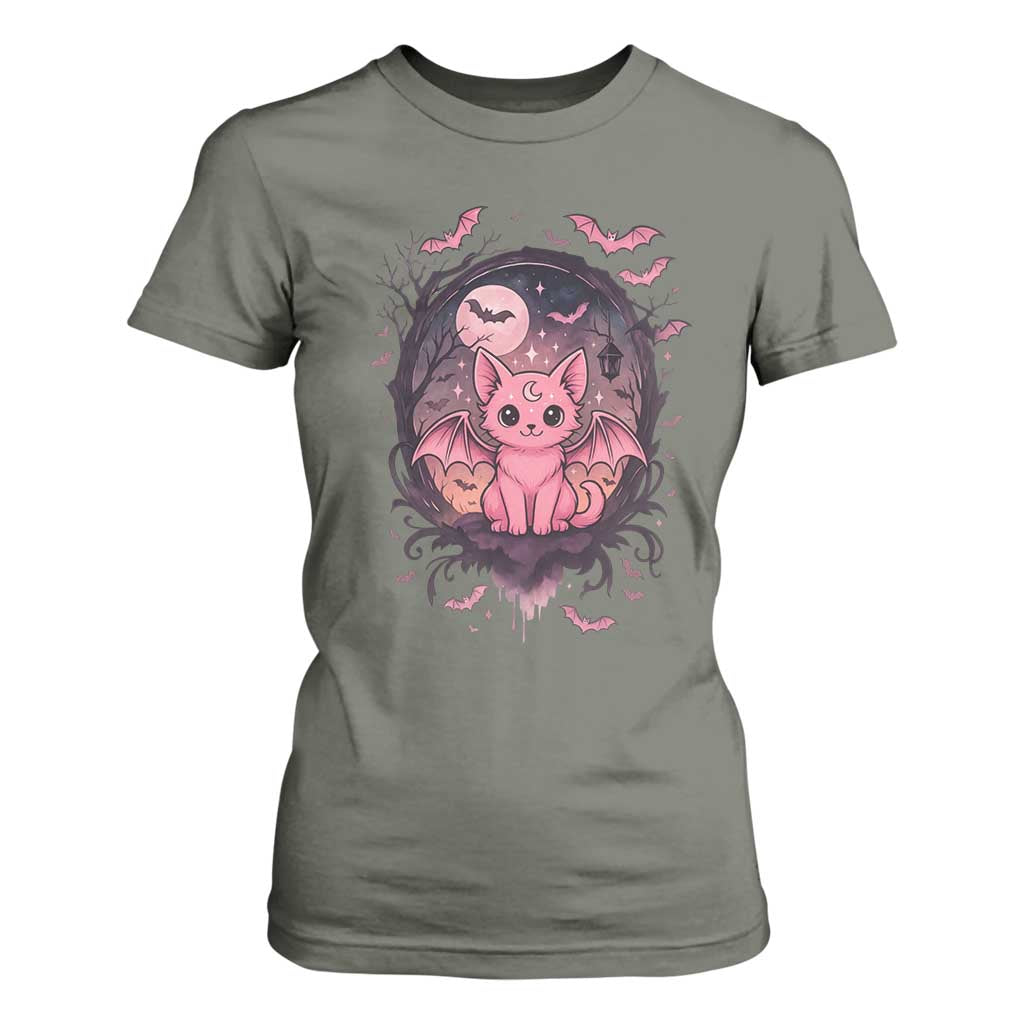 Cute Pastel Goth Bat Cat T Shirt For Women Funny Gothic Halloween Art TS12 Military Green Print Your Wear