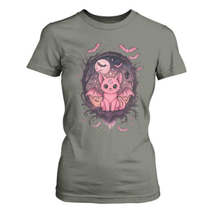 Cute Pastel Goth Bat Cat T Shirt For Women Funny Gothic Halloween Art TS12 Military Green Print Your Wear