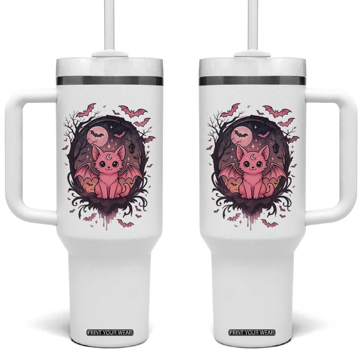 Cute Pastel Goth Bat Cat Tumbler With Handle Funny Gothic Halloween Art TS12 One Size: 40 oz White Print Your Wear