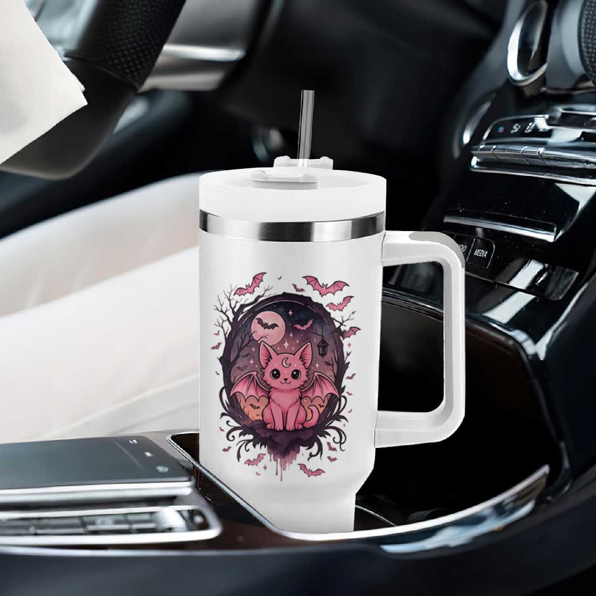 Cute Pastel Goth Bat Cat Tumbler With Handle Funny Gothic Halloween Art TS12 Print Your Wear