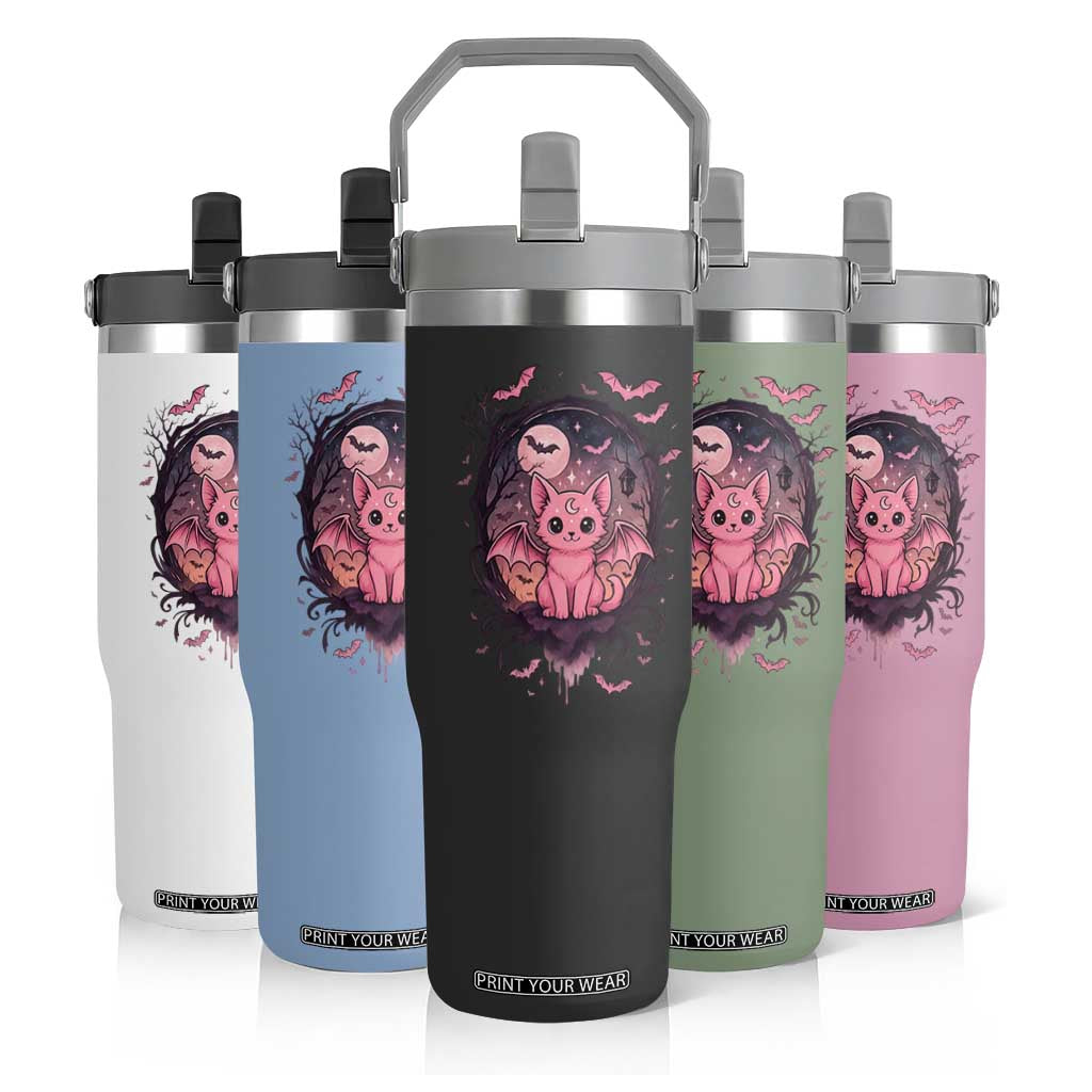 Cute Pastel Goth Bat Cat Flip Straw Tumbler Funny Gothic Halloween Art TS12 Print Your Wear