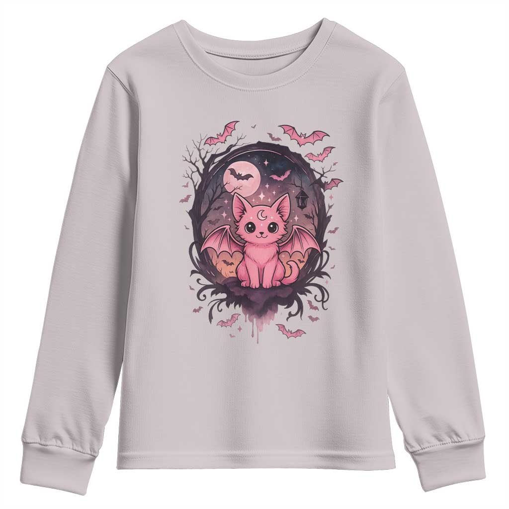 Cute Pastel Goth Bat Cat Youth Sweatshirt Funny Gothic Halloween Art TS12 Ice Gray Print Your Wear