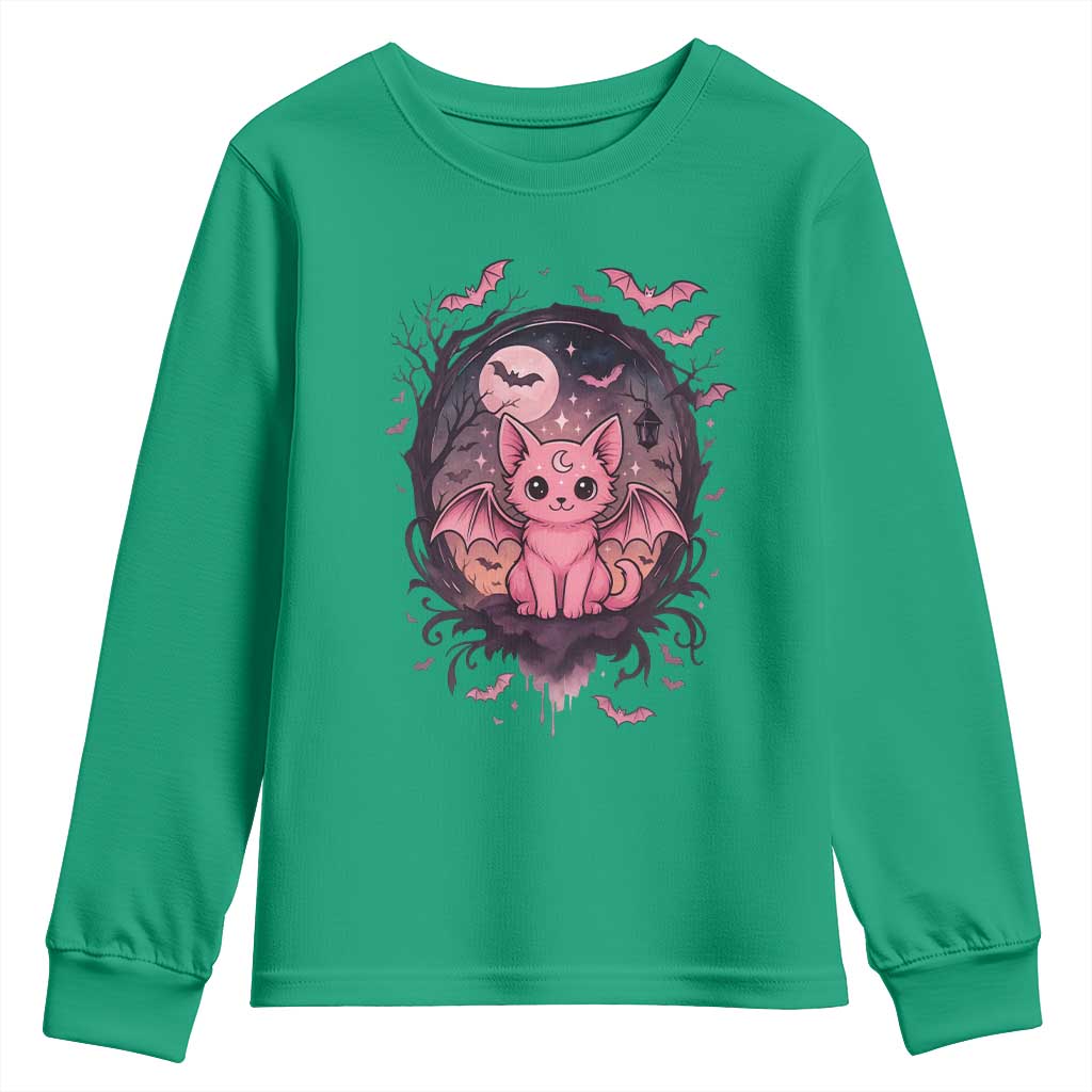 Cute Pastel Goth Bat Cat Youth Sweatshirt Funny Gothic Halloween Art TS12 Irish Green Print Your Wear