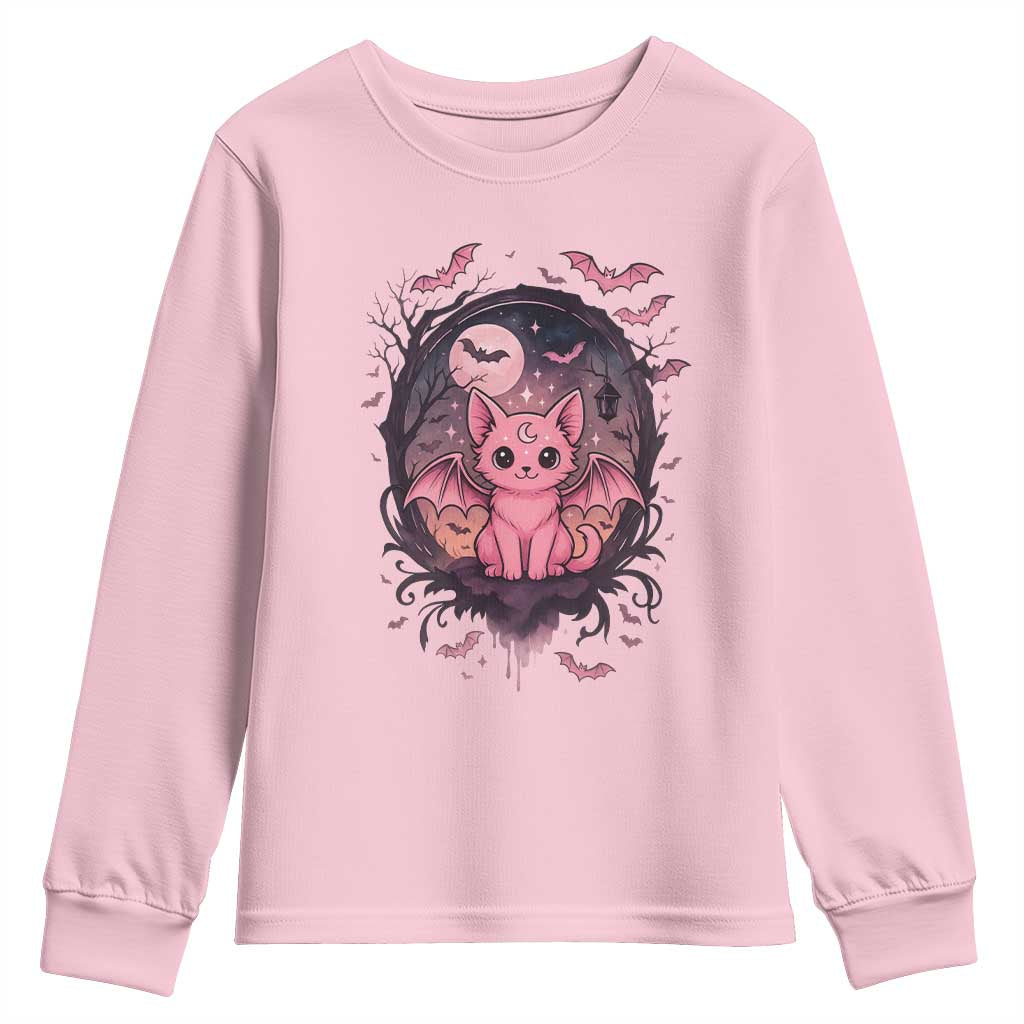 Cute Pastel Goth Bat Cat Youth Sweatshirt Funny Gothic Halloween Art TS12 Light Pink Print Your Wear