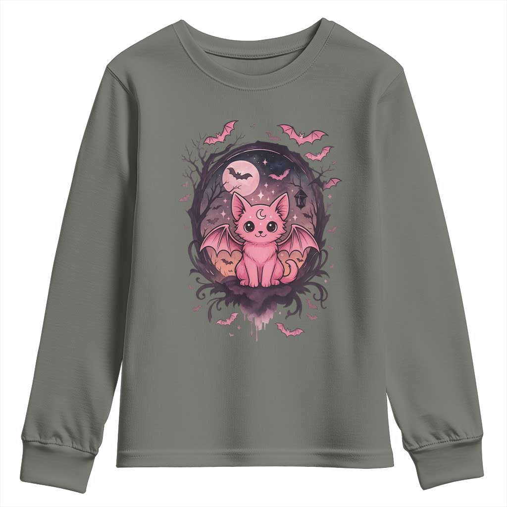 Cute Pastel Goth Bat Cat Youth Sweatshirt Funny Gothic Halloween Art TS12 Military Green Print Your Wear