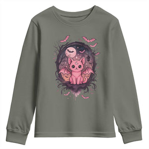 Cute Pastel Goth Bat Cat Youth Sweatshirt Funny Gothic Halloween Art TS12 Military Green Print Your Wear