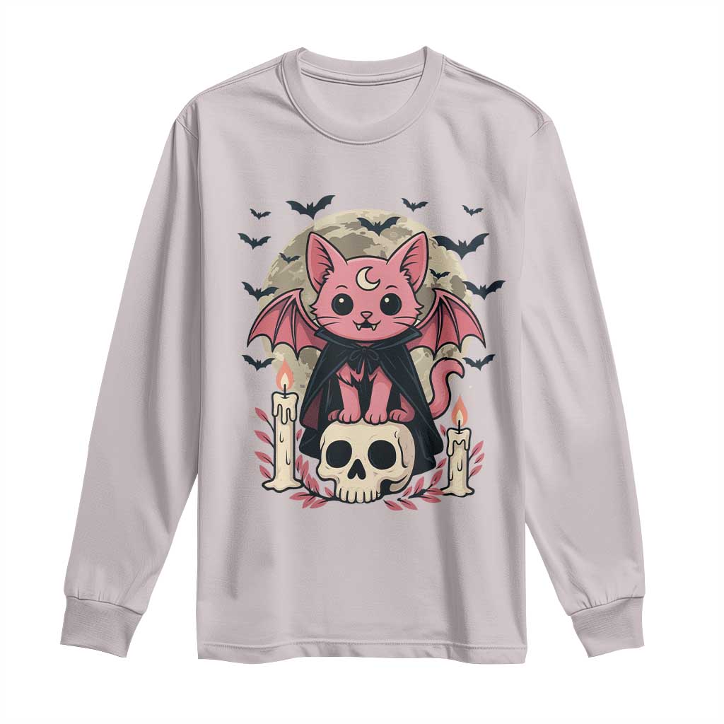 Cute Pastel Goth Vampire Cat Long Sleeve Shirt Funny Gothic Halloween Art TS12 Ice Gray Print Your Wear