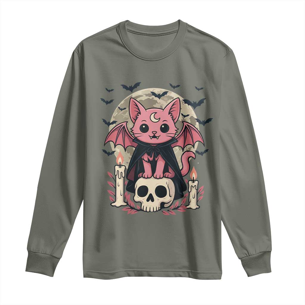 Cute Pastel Goth Vampire Cat Long Sleeve Shirt Funny Gothic Halloween Art TS12 Military Green Print Your Wear