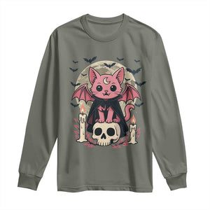 Cute Pastel Goth Vampire Cat Long Sleeve Shirt Funny Gothic Halloween Art TS12 Military Green Print Your Wear