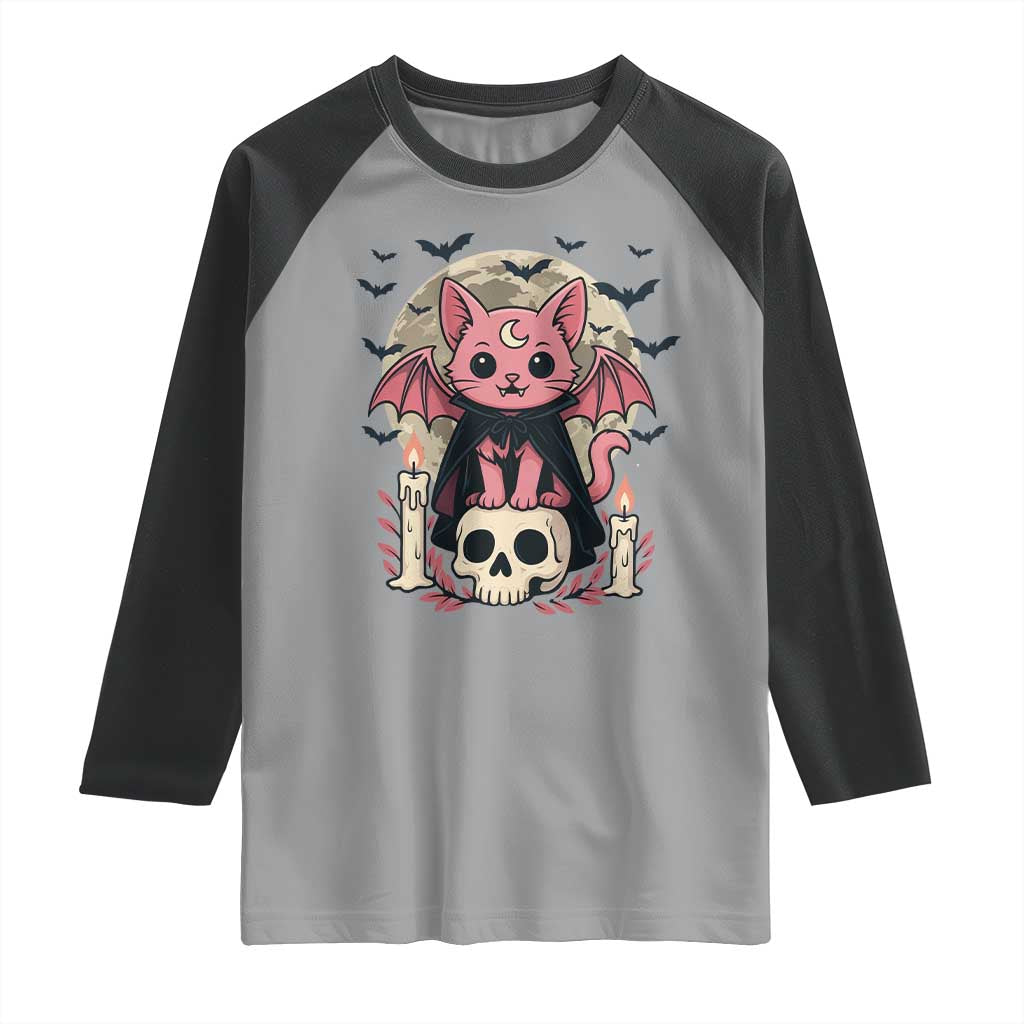 Cute Pastel Goth Vampire Cat Raglan Shirt Funny Gothic Halloween Art TS12 Sport Gray Black Print Your Wear