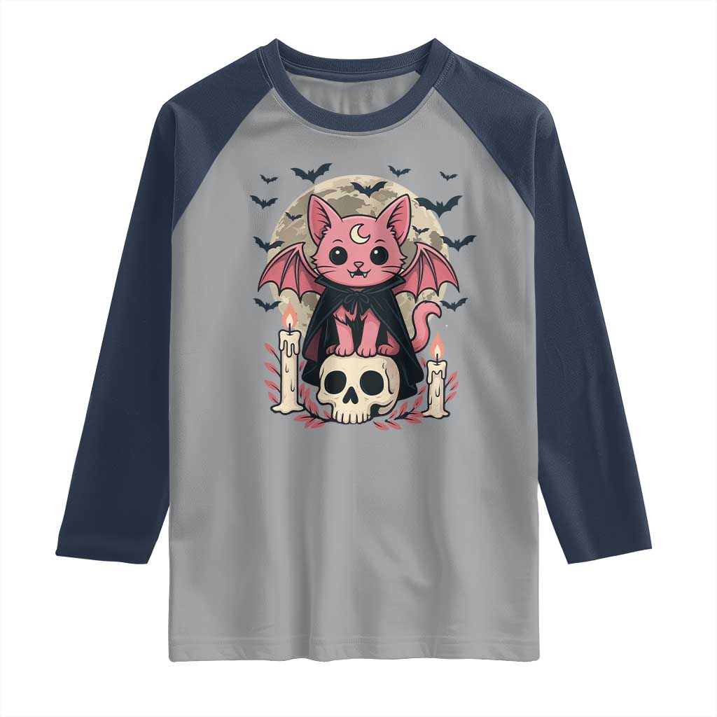 Cute Pastel Goth Vampire Cat Raglan Shirt Funny Gothic Halloween Art TS12 Sport Gray Navy Print Your Wear