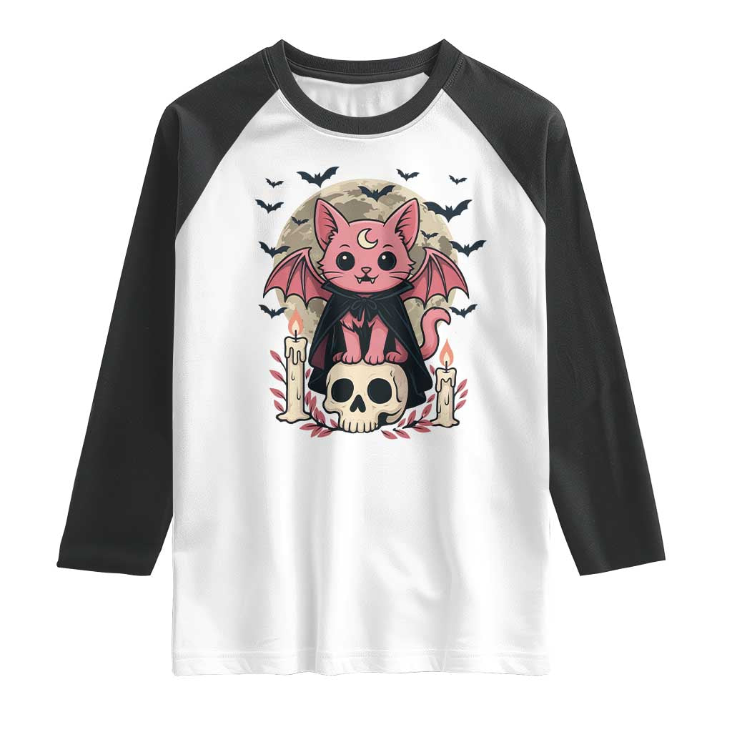 Cute Pastel Goth Vampire Cat Raglan Shirt Funny Gothic Halloween Art TS12 White Black Print Your Wear