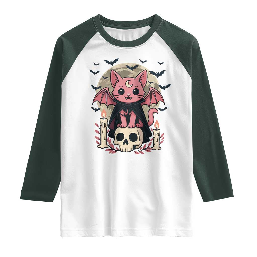Cute Pastel Goth Vampire Cat Raglan Shirt Funny Gothic Halloween Art TS12 White Dark Forest Green Print Your Wear