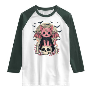 Cute Pastel Goth Vampire Cat Raglan Shirt Funny Gothic Halloween Art TS12 White Dark Forest Green Print Your Wear