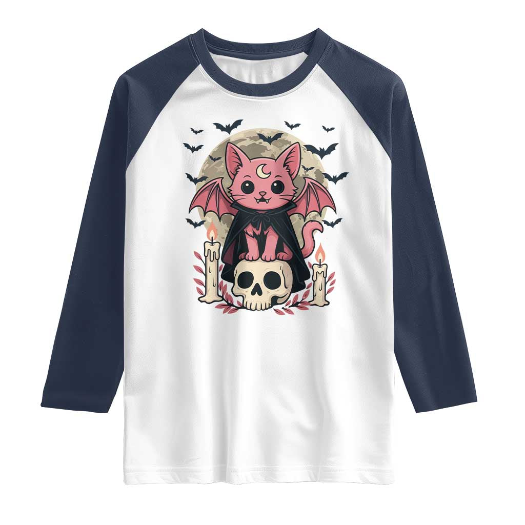 Cute Pastel Goth Vampire Cat Raglan Shirt Funny Gothic Halloween Art TS12 White Navy Print Your Wear