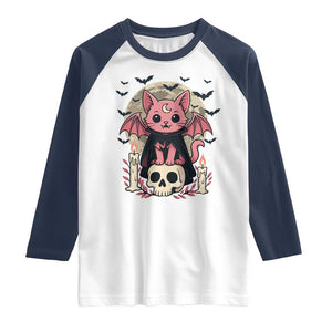 Cute Pastel Goth Vampire Cat Raglan Shirt Funny Gothic Halloween Art TS12 White Navy Print Your Wear