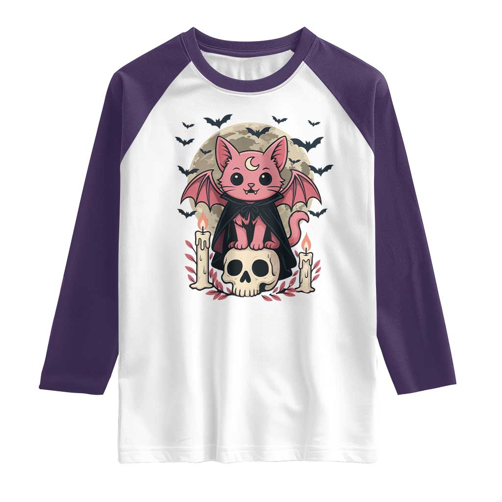 Cute Pastel Goth Vampire Cat Raglan Shirt Funny Gothic Halloween Art TS12 White Purple Print Your Wear