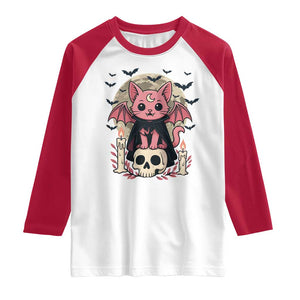 Cute Pastel Goth Vampire Cat Raglan Shirt Funny Gothic Halloween Art TS12 White Red Print Your Wear